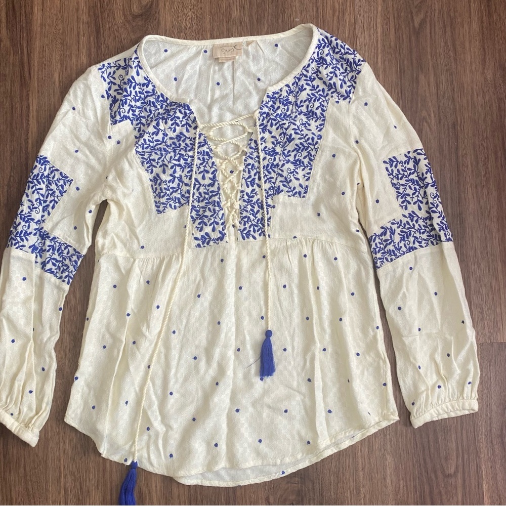 Anthropology long sleeve tunic top blue and cream color size small (4)